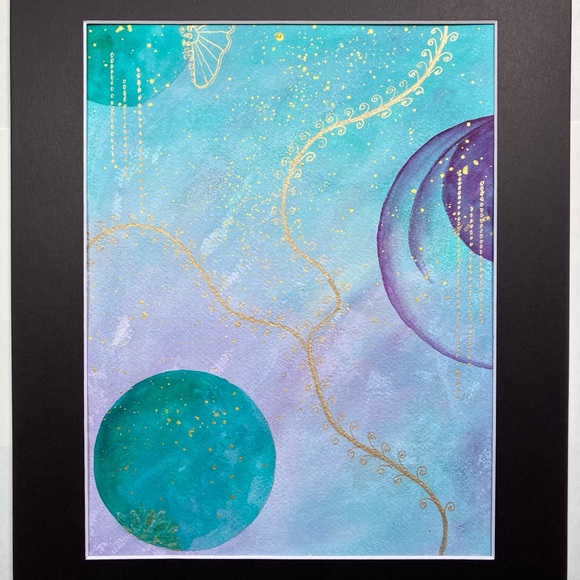 Abstract Original Watercolor Gold Leaf Floral Green & Purple Painting, 9x12 - Picture 3 of 13